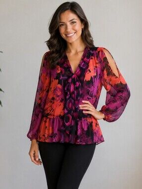 Figueroa & Flower Cold-Shoulder Floral Tie-Neck Peplum Blouse Top Size S